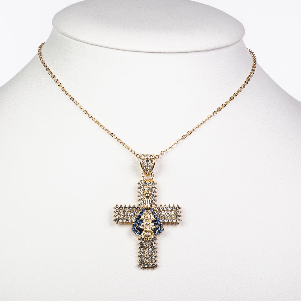 Cruz Colar de Liga de Ouro com Cristal Emporia® Azul e Cristal Emporia® Branco 2 