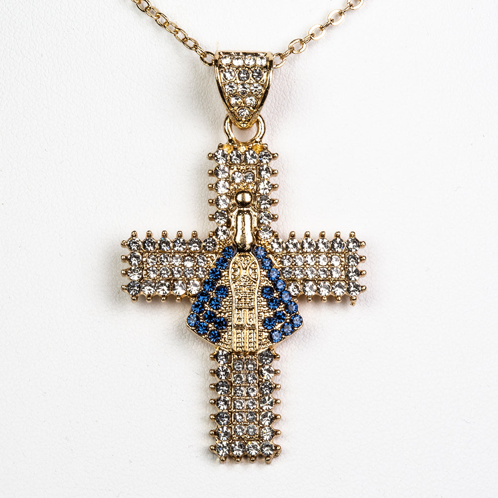 Cruz Colar de Liga de Ouro com Cristal Emporia® Azul e Cristal Emporia® Branco 1 