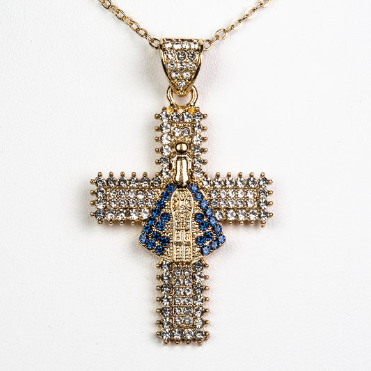 Cruz Colar de Liga de Ouro com Cristal Emporia® Azul e Cristal Emporia® Branco
