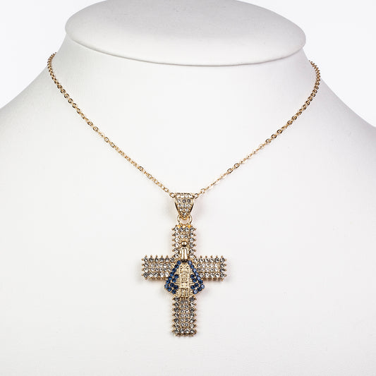Cruz Colar de Liga de Ouro com Cristal Emporia® Azul e Cristal Emporia® Branco