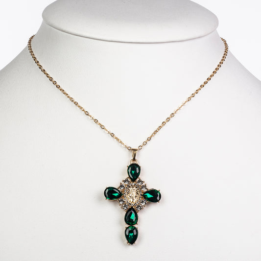 Cruz Colar de Liga de Ouro com Cristal Emporia® Verde e Cristal Emporia® Branco