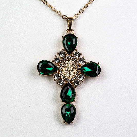 Cruz Colar de Liga de Ouro com Cristal Emporia® Verde e Cristal Emporia® Branco