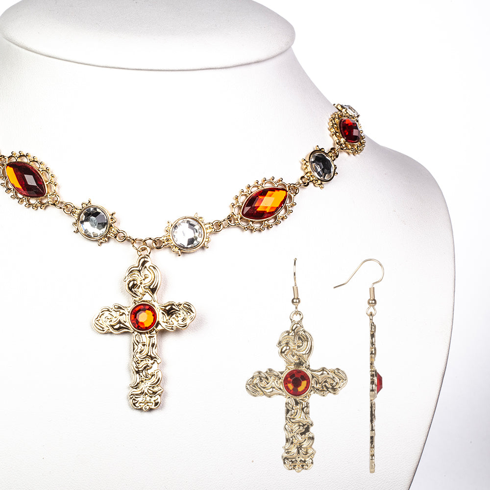 Cruz Conjunto de Liga de Ouro com Cristal Emporia® Vermelho e Cristal Emporia® Branco ( Colar+Brincos+Pendente ) 1 