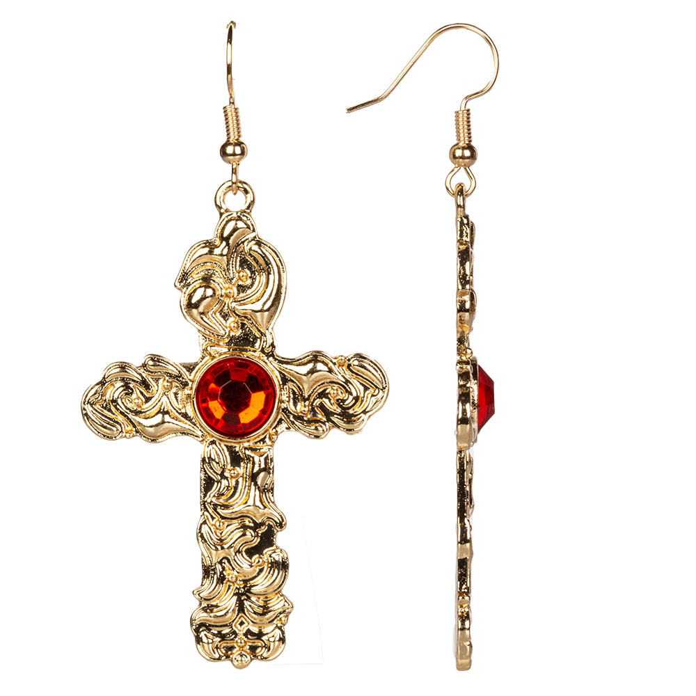 Cruz Conjunto de Liga de Ouro com Cristal Emporia® Vermelho e Cristal Emporia® Branco ( Colar+Brincos+Pendente )