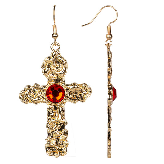 Cruz Conjunto de Liga de Ouro com Cristal Emporia® Vermelho e Cristal Emporia® Branco ( Colar+Brincos+Pendente )