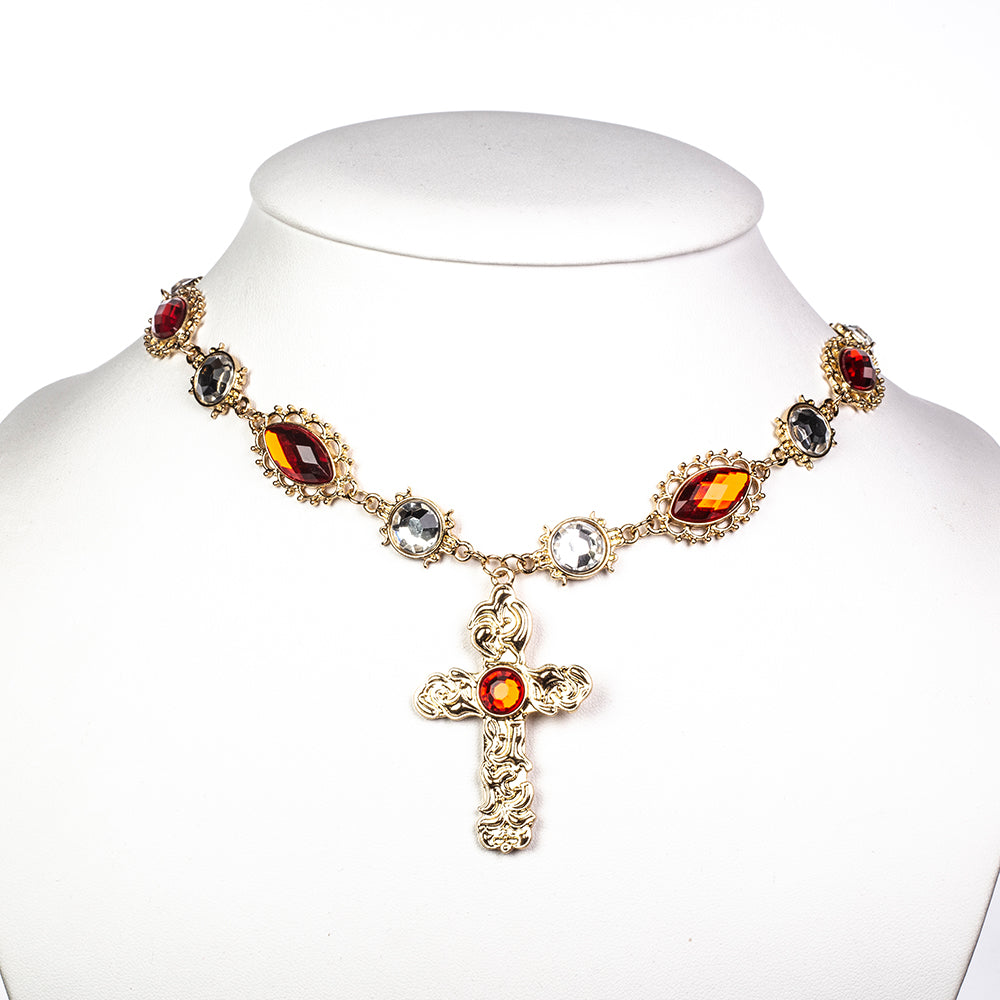 Cruz Conjunto de Liga de Ouro com Cristal Emporia® Vermelho e Cristal Emporia® Branco ( Colar+Brincos+Pendente )