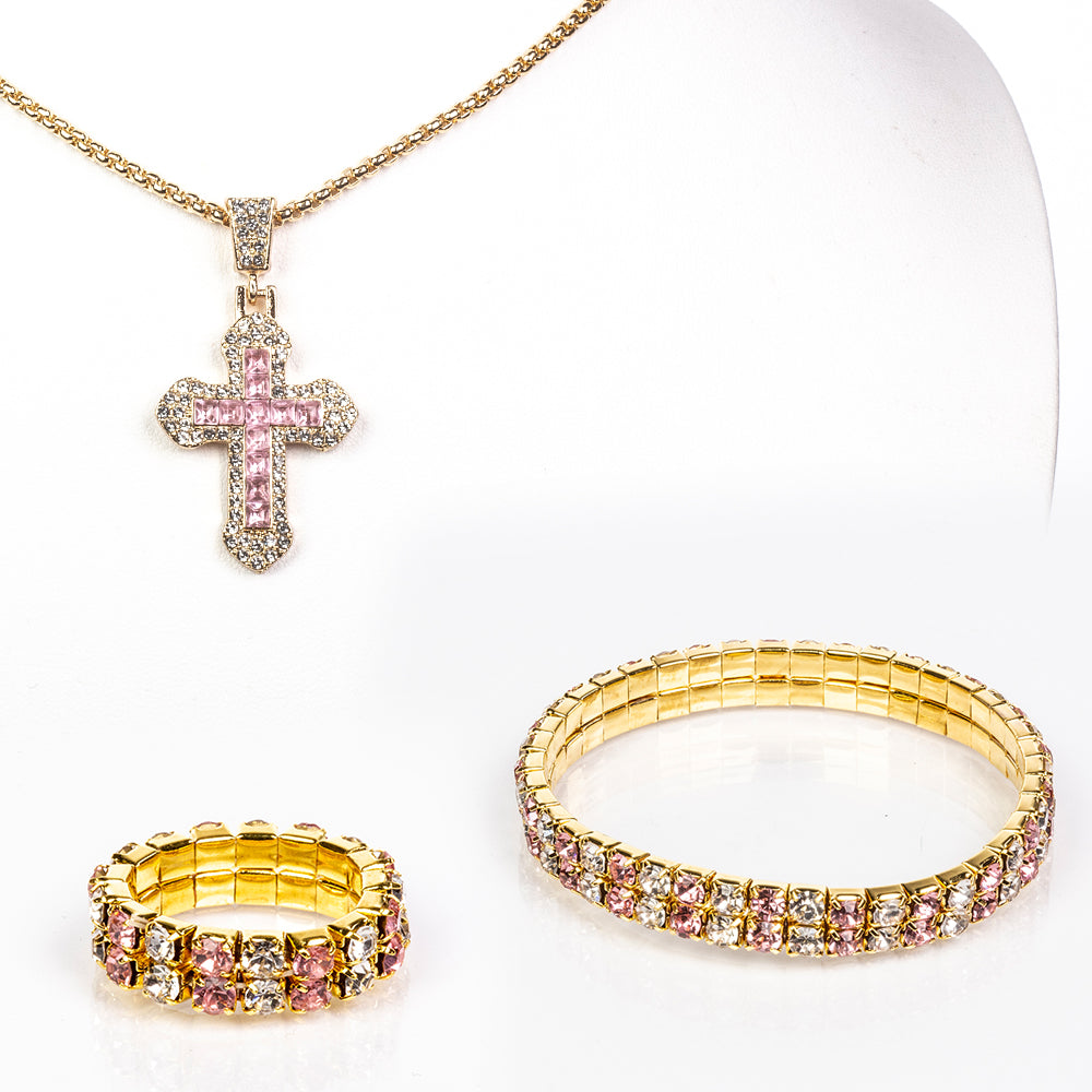 Cruz Conjunto de Liga de Ouro com Cristal Emporia® Rosa e Cristal Emporia® Branco ( Colar+Pulseira+Anel+Pendente )