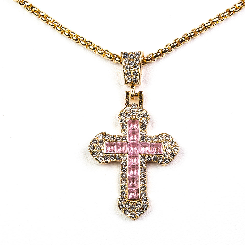 Cruz Conjunto de Liga de Ouro com Cristal Emporia® Rosa e Cristal Emporia® Branco ( Colar+Pulseira+Anel+Pendente )