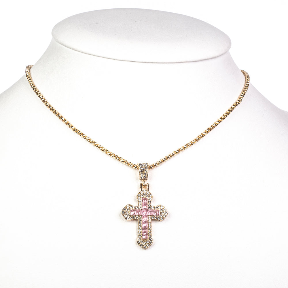 Cruz Conjunto de Liga de Ouro com Cristal Emporia® Rosa e Cristal Emporia® Branco ( Colar+Pulseira+Anel+Pendente )