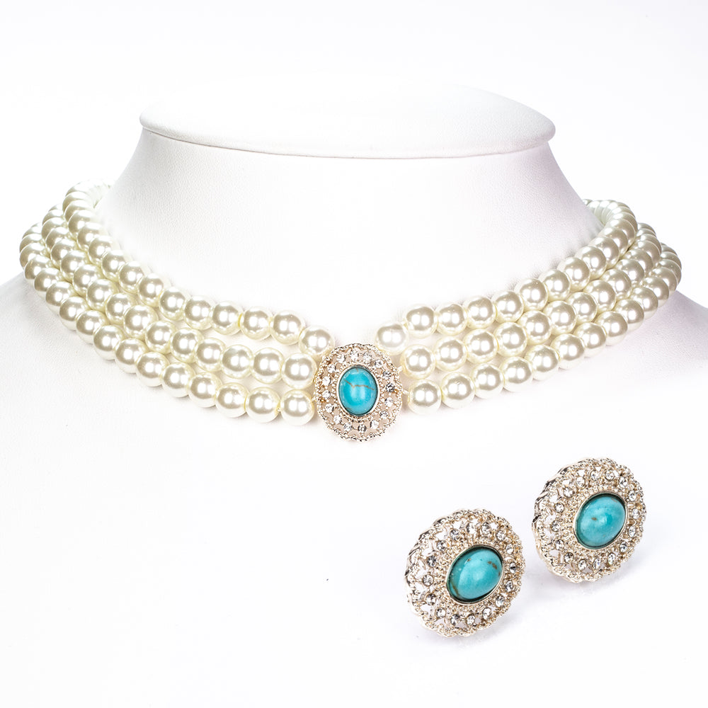 Conjunto de Liga de Ouro com Pérola de Vidro e Turquesa ( Colar+Brincos ) 1 