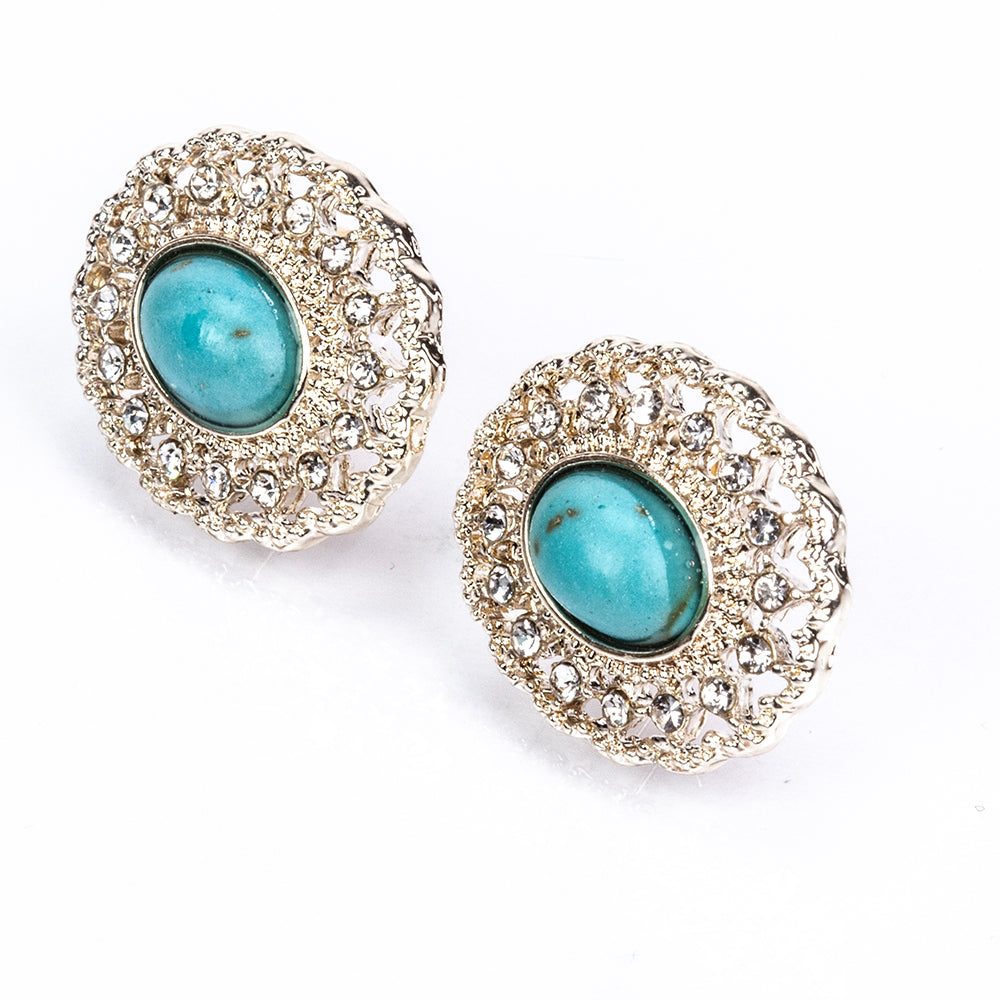 Conjunto de Liga de Ouro com Pérola de Vidro e Turquesa ( Colar+Brincos )