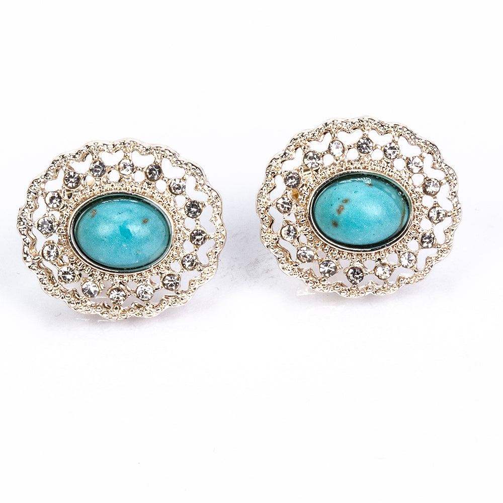 Conjunto de Liga de Ouro com Pérola de Vidro e Turquesa ( Colar+Brincos ) 4 