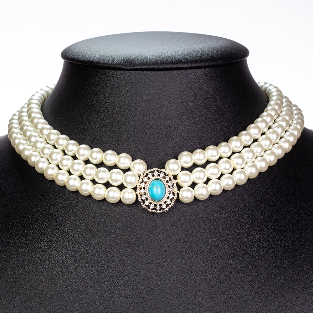 Conjunto de Liga de Ouro com Pérola de Vidro e Turquesa ( Colar+Brincos )