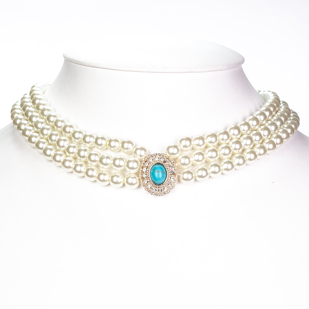 Conjunto de Liga de Ouro com Pérola de Vidro e Turquesa ( Colar+Brincos )