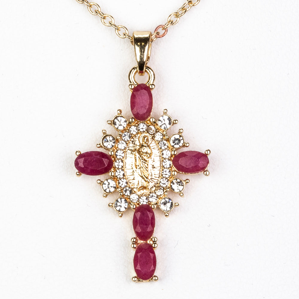 Cruz Colar de Liga de Ouro com Rubi e Cristal Emporia® Branco ( Colar+Pendente )