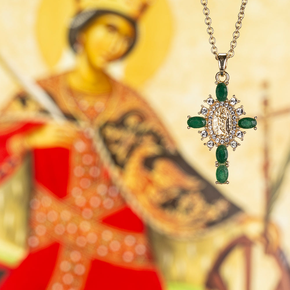 Cruz Colar de Liga de Ouro com Esmeralda e Cristal Emporia® Branco ( Colar+Pendente )