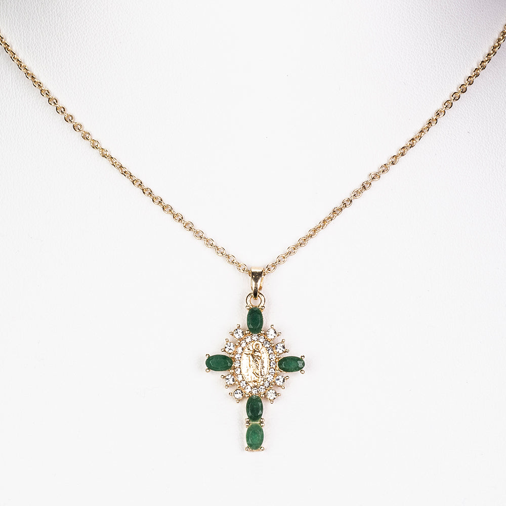 Cruz Colar de Liga de Ouro com Esmeralda e Cristal Emporia® Branco ( Colar+Pendente )