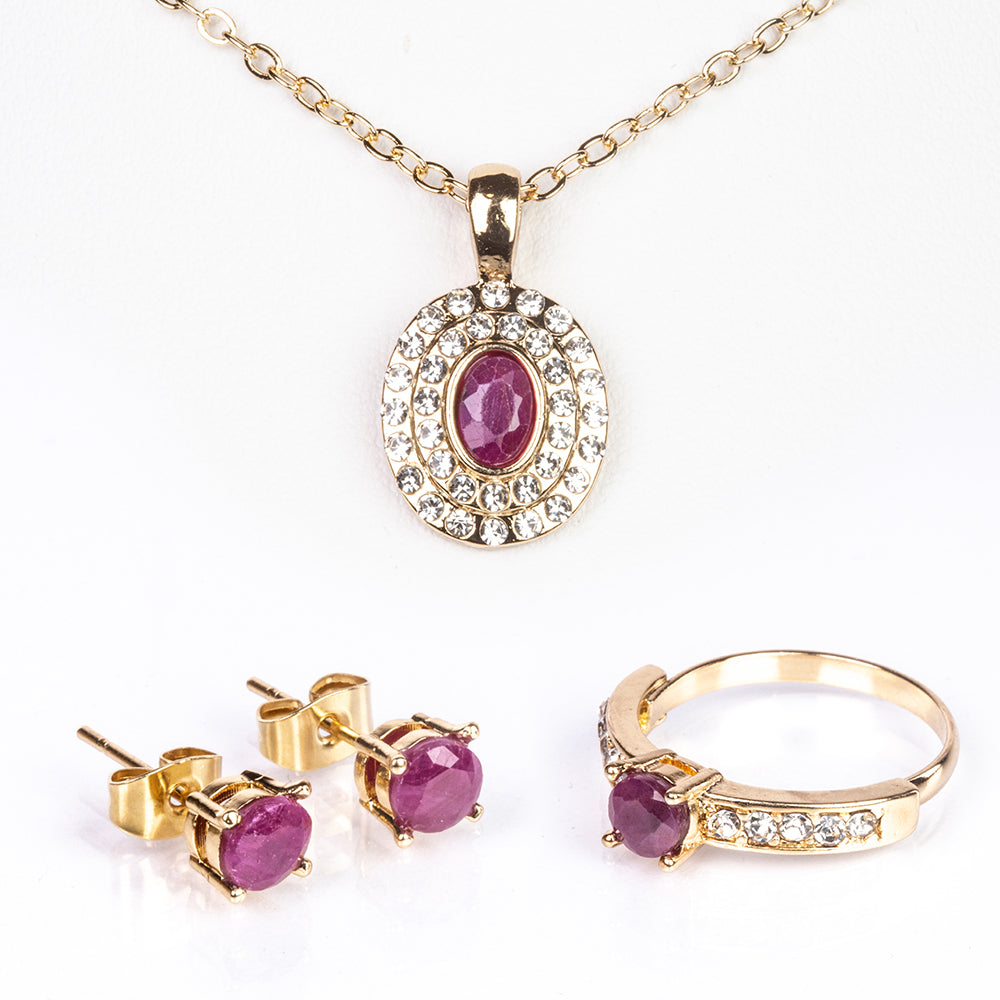 Conjunto de Liga de Ouro com Rubi e Cristal Emporia® Branco ( Colar+Brincos+Anel+Pendente ) 1 