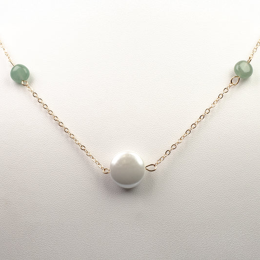 Colar de Liga de Ouro com Mãe de Pérola Branca e Aventurina Verde