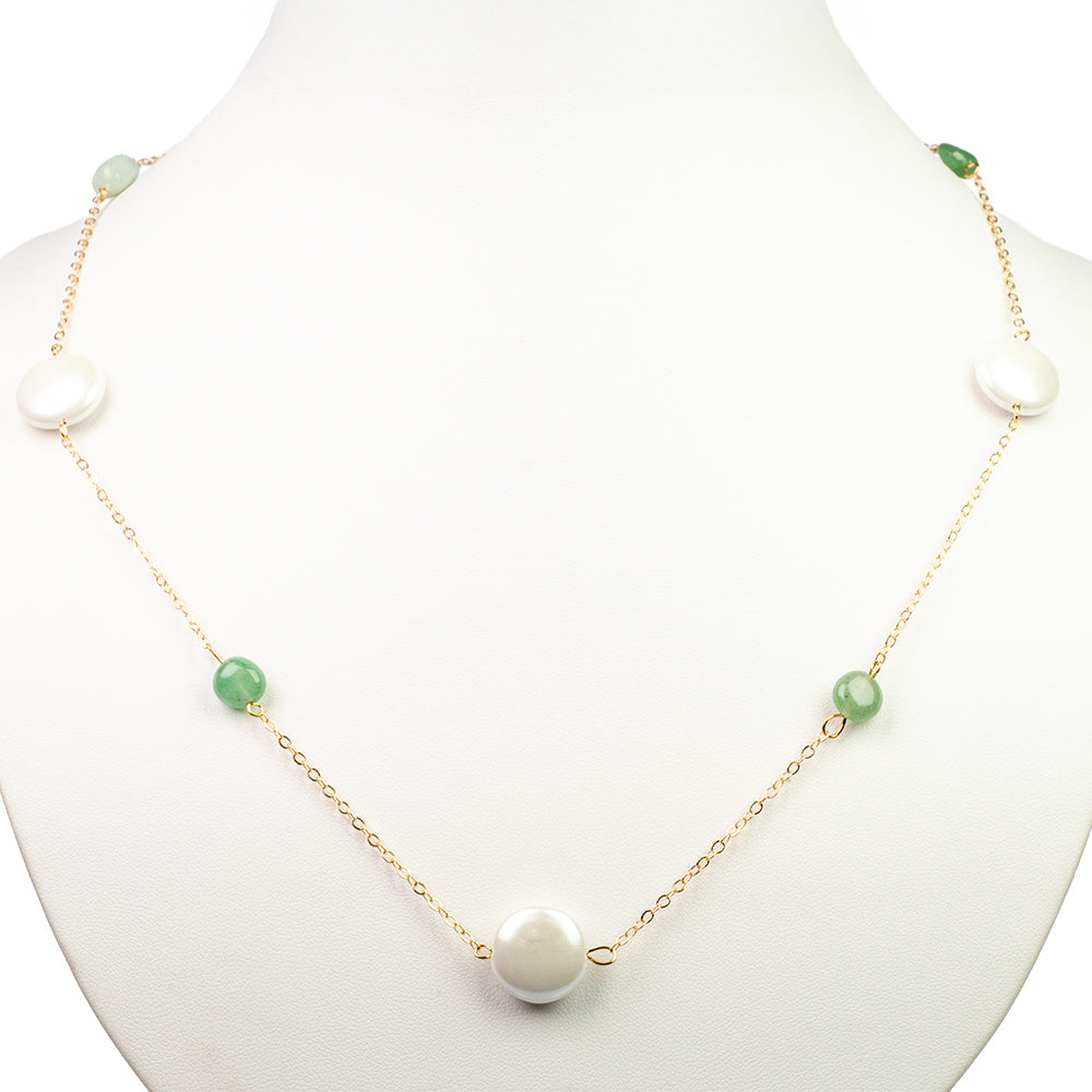 Colar de Liga de Ouro com Mãe de Pérola Branca e Aventurina Verde 1 