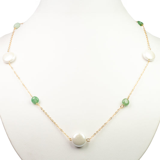 Colar de Liga de Ouro com Mãe de Pérola Branca e Aventurina Verde