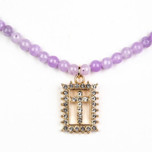 Cruz Colar Conta com Quartzo Lavanda e Cristal Emporia® Branco ( Colar+Pendente )