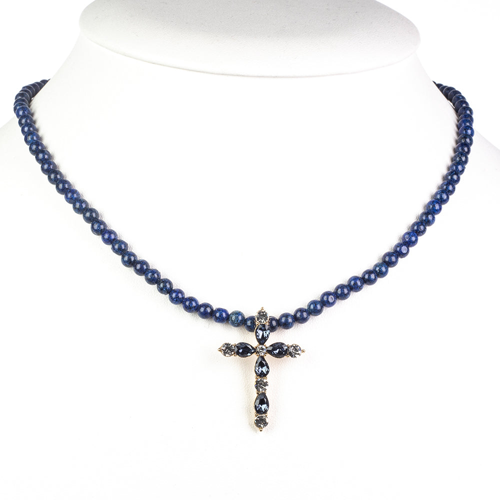 Cruz Colar de Liga de Ouro com Lápis-lazúli e Cristal Emporia® Azul ( Colar+Pendente )