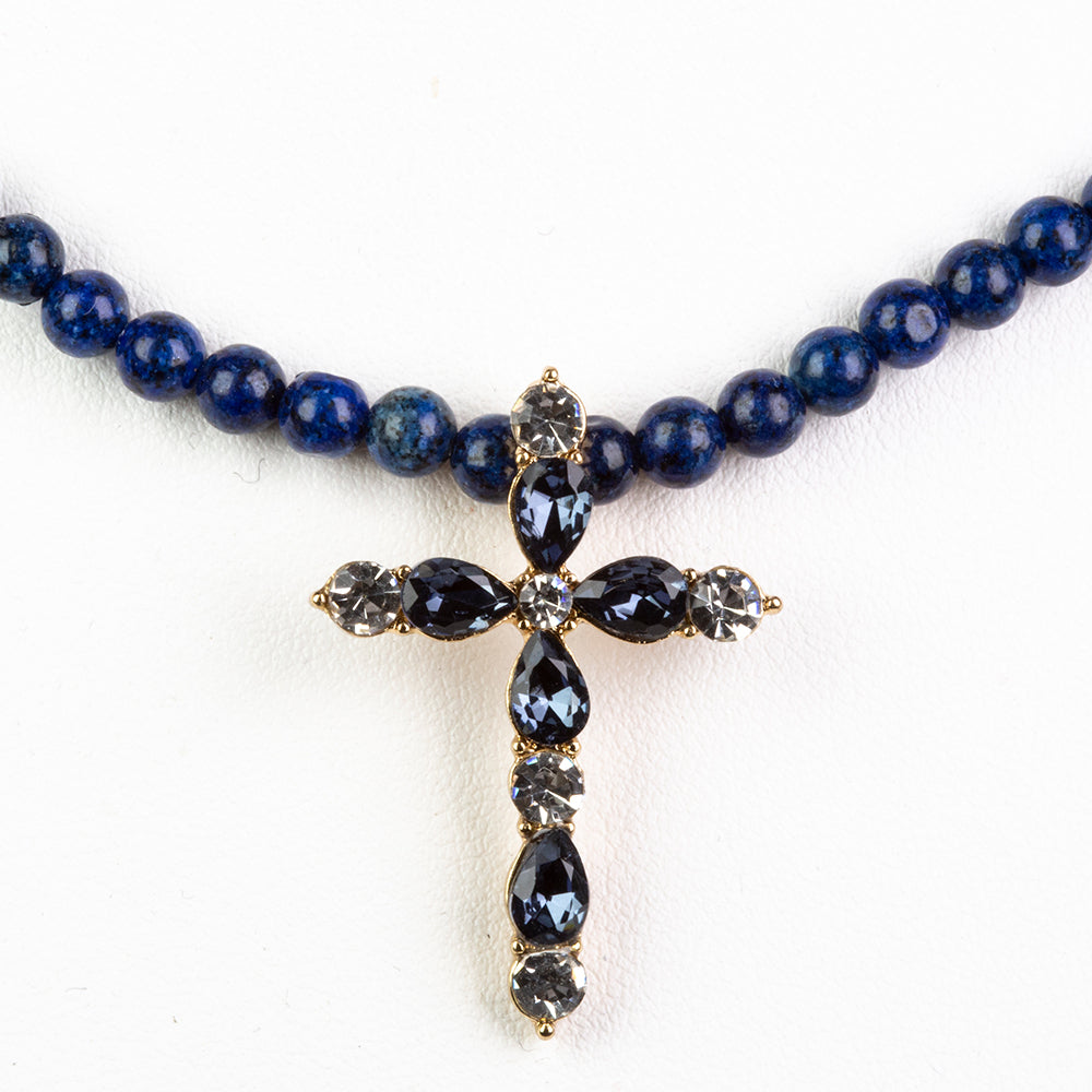 Cruz Colar de Liga de Ouro com Lápis-lazúli e Cristal Emporia® Azul ( Colar+Pendente ) 1 