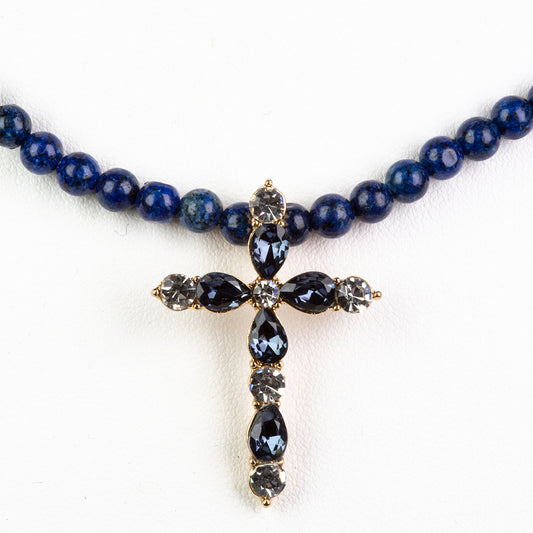 Cruz Colar de Liga de Ouro com Lápis-lazúli e Cristal Emporia® Azul ( Colar+Pendente )