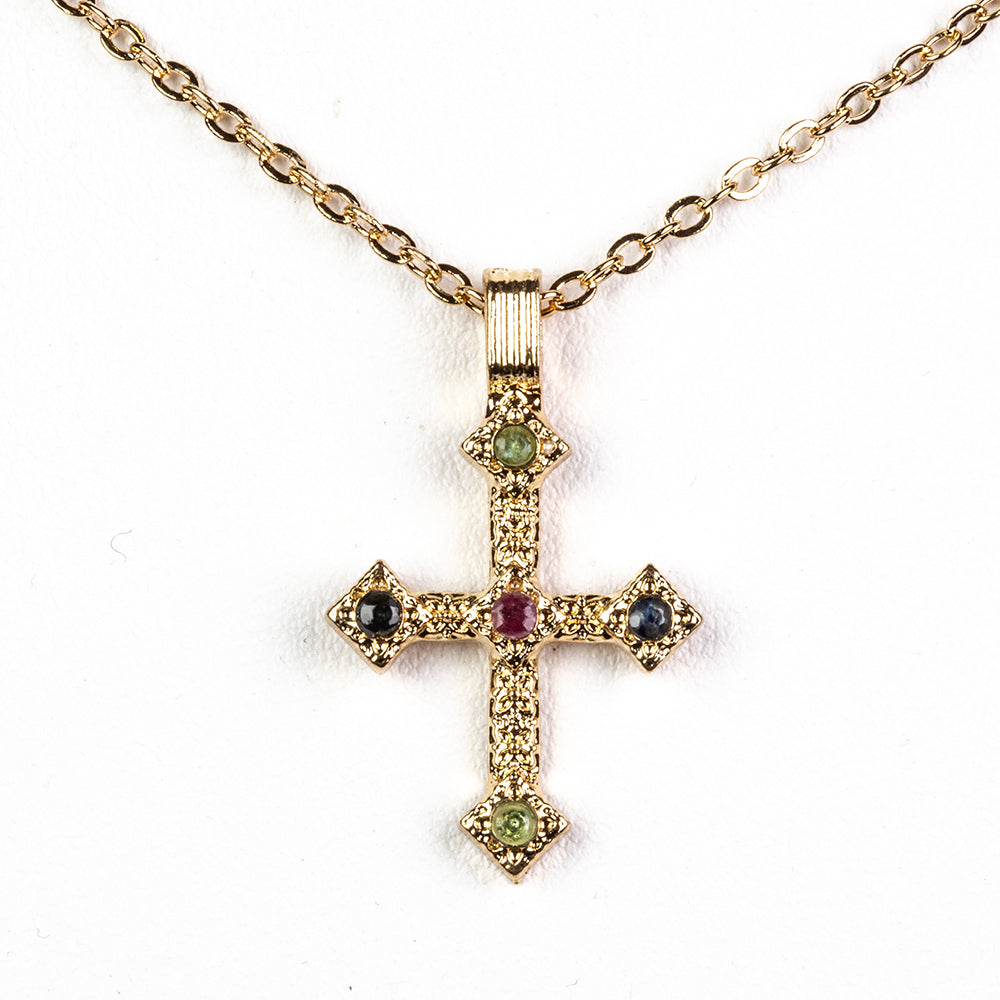 Cruz Colar de Liga de Ouro com Rubi da Birmânia e Esmeralda do Brasil ( Colar+Pendente )