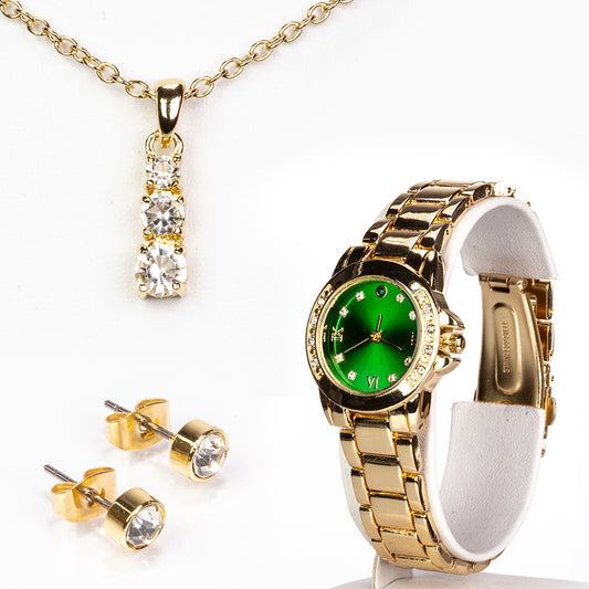 Relógio de Liga de Ouro com Esmeralda e Cristal Emporia® Branco ( Colar+Brincos+Pendente )