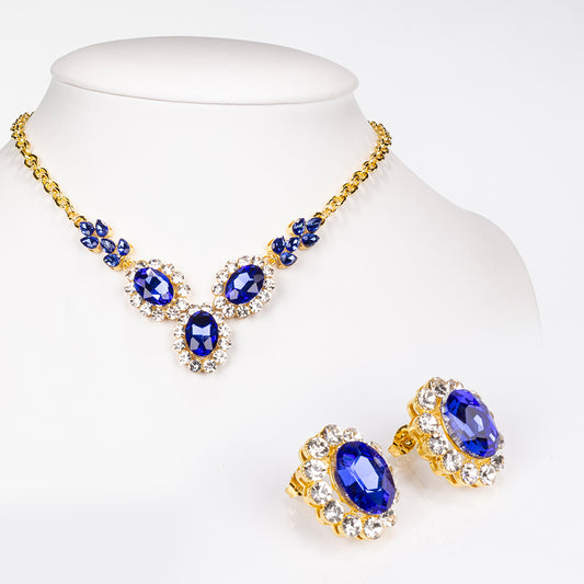 Conjunto de Liga de Ouro com Cristal Emporia® Azul e Cristal Emporia® Branco ( Colar+Brincos )