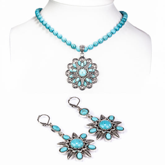 Conjunto de Liga de Ouro com Turquesa ( Colar+Brincos )