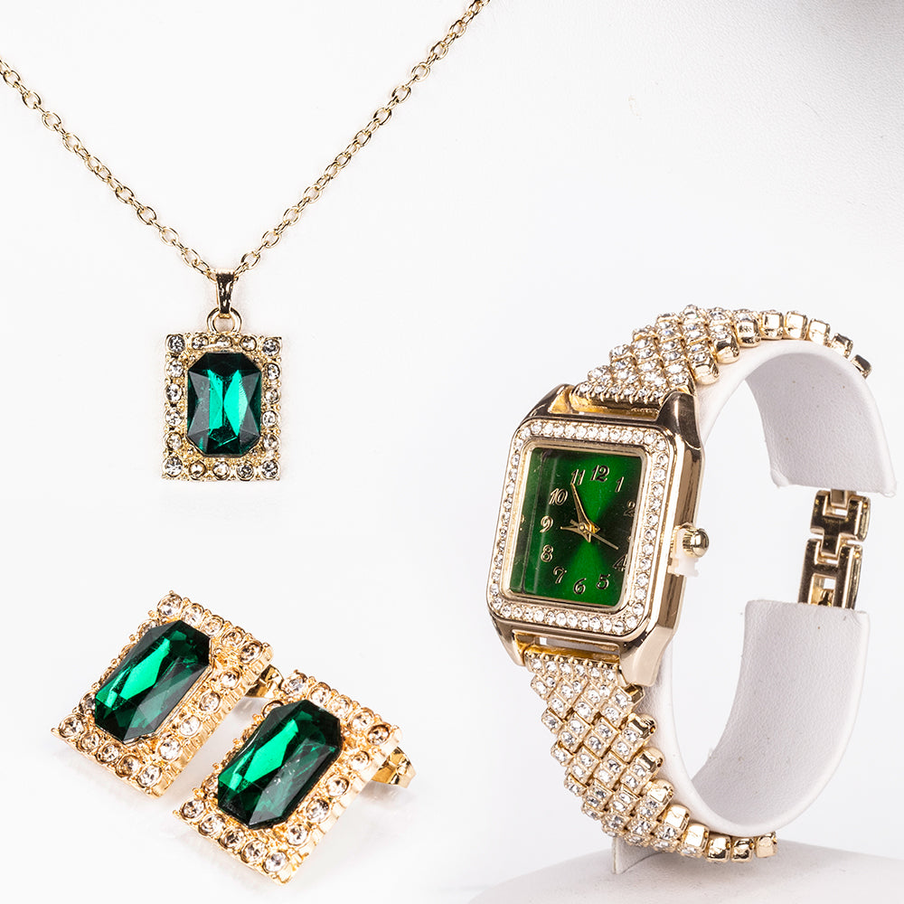 Relógio de Liga de Ouro com Cristal Emporia® Verde e Cristal Emporia® Branco ( Colar+Brincos+Pendente ) 1 