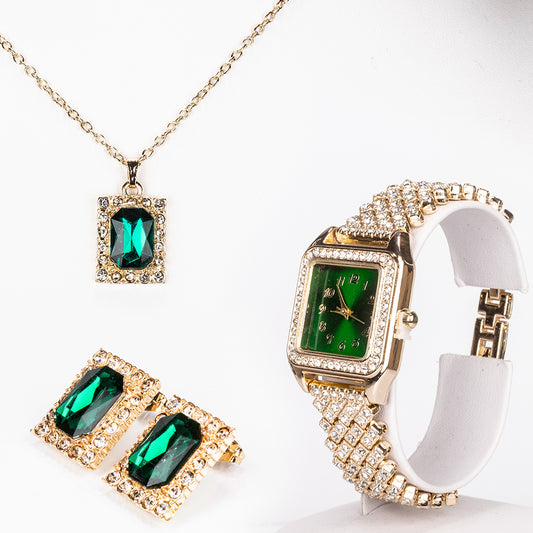 Relógio de Liga de Ouro com Cristal Emporia® Verde e Cristal Emporia® Branco ( Colar+Brincos+Pendente )