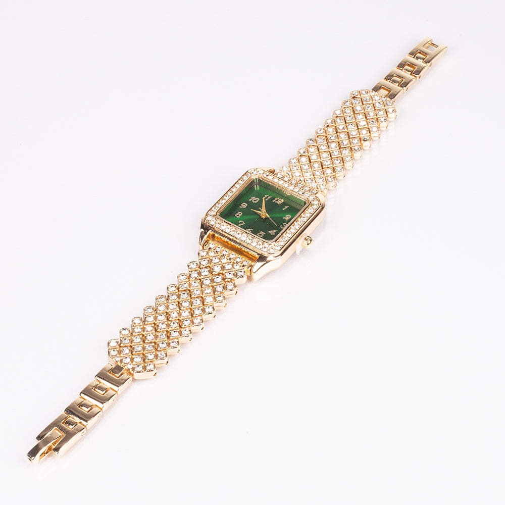 Relógio de Liga de Ouro com Cristal Emporia® Verde e Cristal Emporia® Branco ( Colar+Brincos+Pendente )