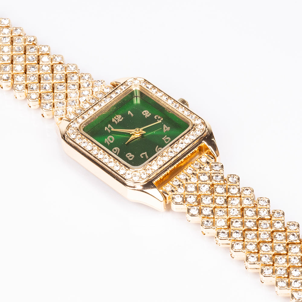 Relógio de Liga de Ouro com Cristal Emporia® Verde e Cristal Emporia® Branco ( Colar+Brincos+Pendente )