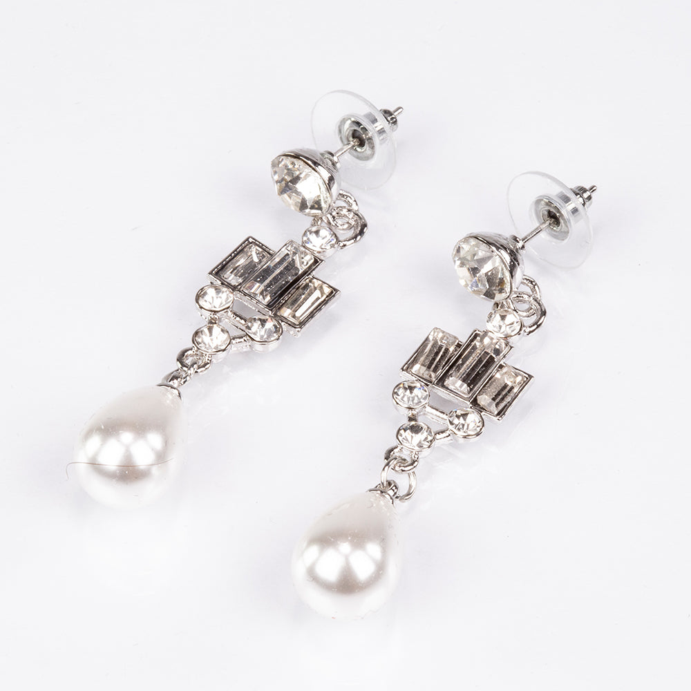 Conjunto de Liga de Ouro com Pérola de Vidro e Cristal Emporia® Branco ( Colar+Brincos )