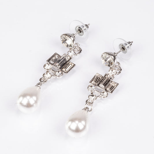 Conjunto de Liga de Ouro com Pérola de Vidro e Cristal Emporia® Branco ( Colar+Brincos )