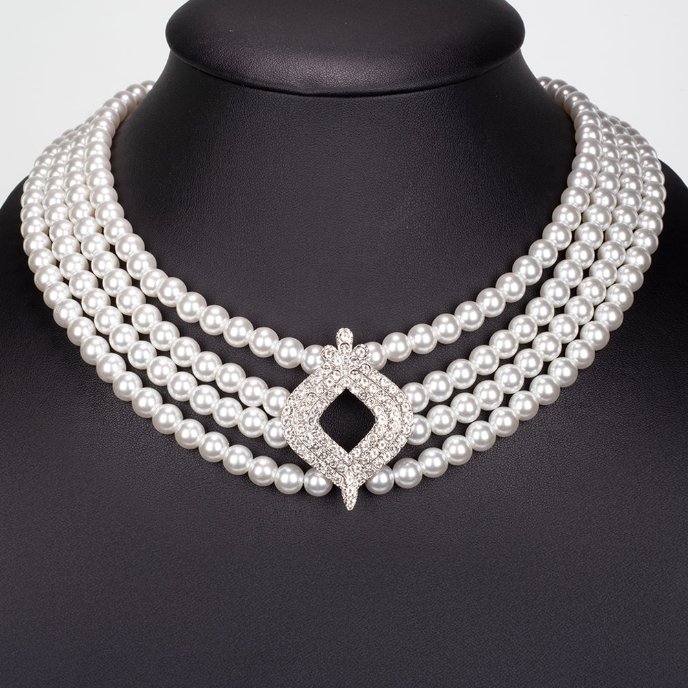 Conjunto de Liga de Ouro com Pérola de Vidro e Cristal Emporia® Branco ( Colar+Brincos ) 4 
