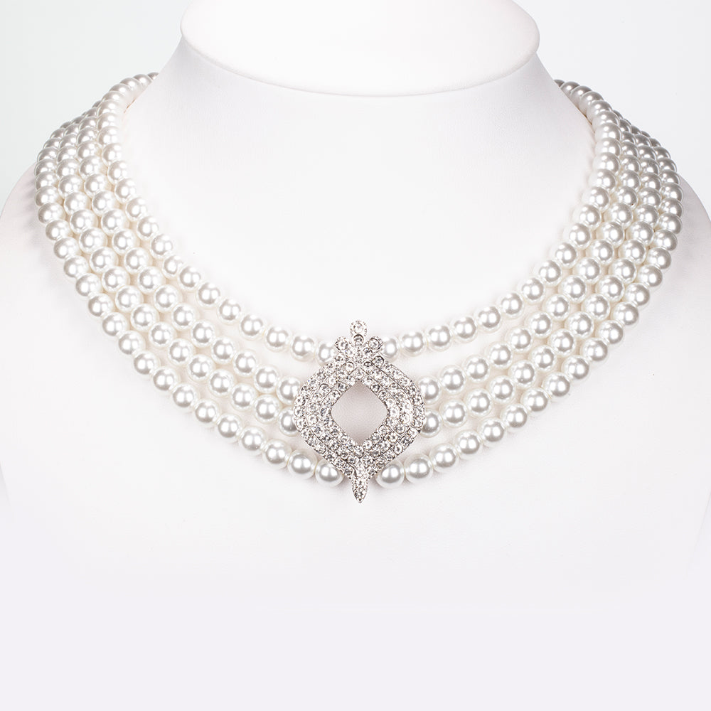 Conjunto de Liga de Ouro com Pérola de Vidro e Cristal Emporia® Branco ( Colar+Brincos )