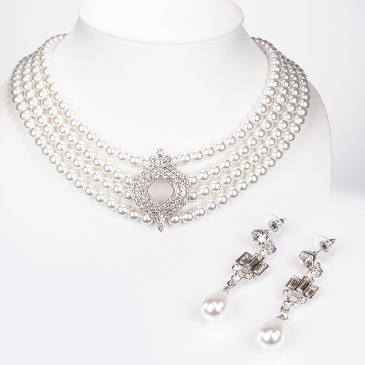 Conjunto de Liga de Ouro com Pérola de Vidro e Cristal Emporia® Branco ( Colar+Brincos )