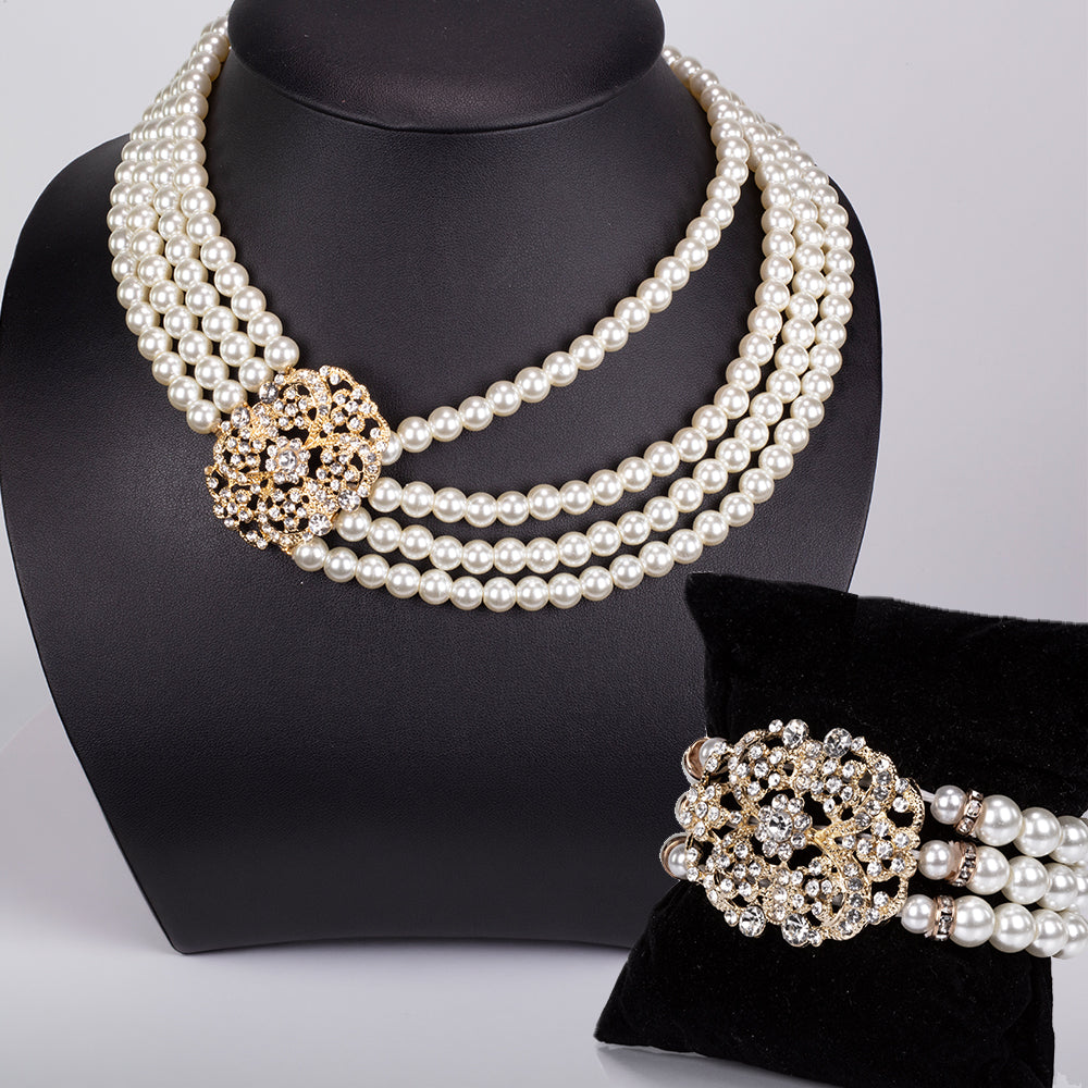 Conjunto de Liga de Ouro com Pérola de Vidro e Cristal Emporia® Branco ( Colar+Pulseira )