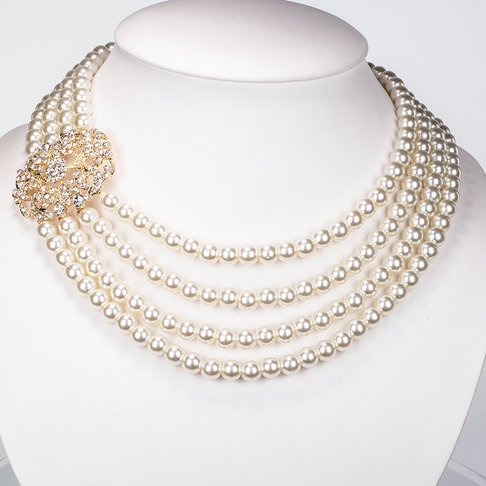 Conjunto de Liga de Ouro com Pérola de Vidro e Cristal Emporia® Branco ( Colar+Pulseira )