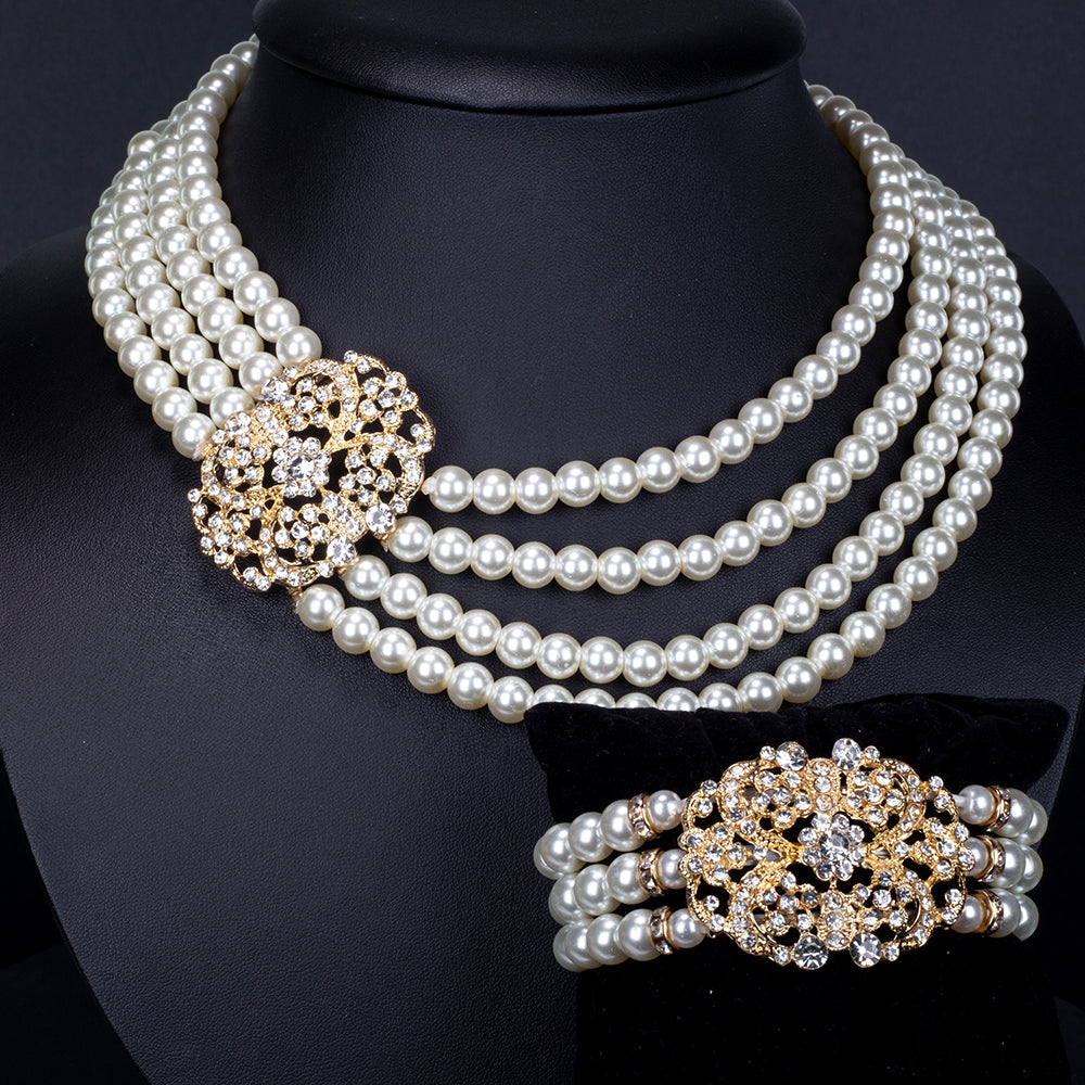 Conjunto de Liga de Ouro com Pérola de Vidro e Cristal Emporia® Branco ( Colar+Pulseira )