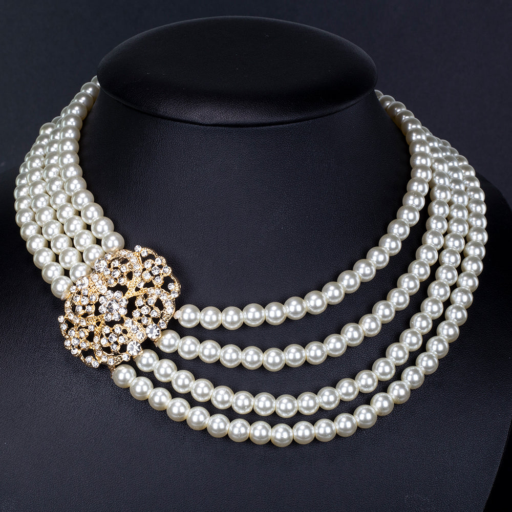 Conjunto de Liga de Ouro com Pérola de Vidro e Cristal Emporia® Branco ( Colar+Pulseira )