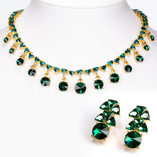 Conjunto de Liga de Ouro com Cristal Emporia® Verde ( Colar+Brincos )
