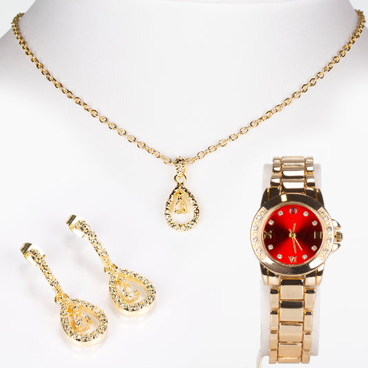 Relógio de Liga de Ouro com Rubi e Cristal Emporia® Branco ( Colar+Brincos+Pendente )