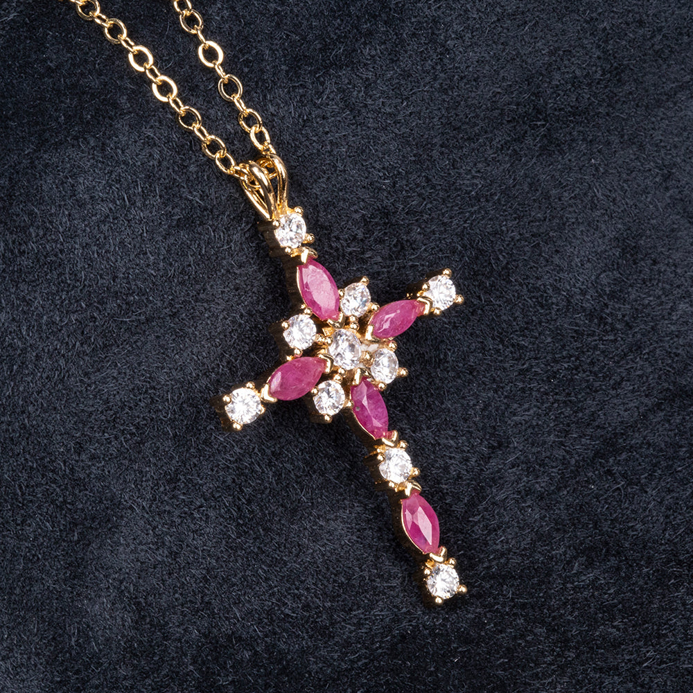 Cruz Colar de Liga de Ouro com Rubi e Cristal Emporia® Branco ( Colar+Pendente ) 1 
