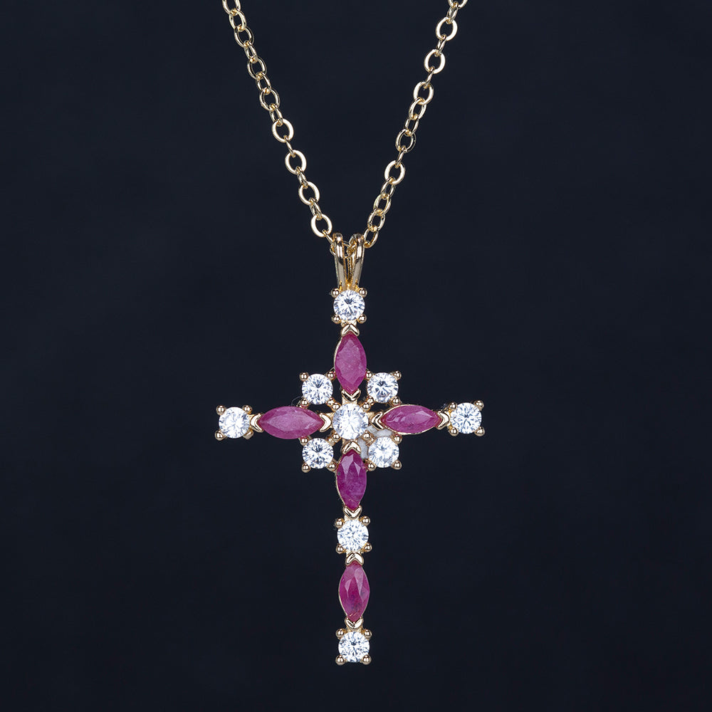 Cruz Colar de Liga de Ouro com Rubi e Cristal Emporia® Branco ( Colar+Pendente )